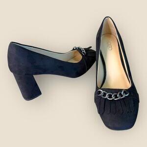 Cato Black Faux Suede Block Heel Pumps Shoes Women Size 9M Slip On Chain Link